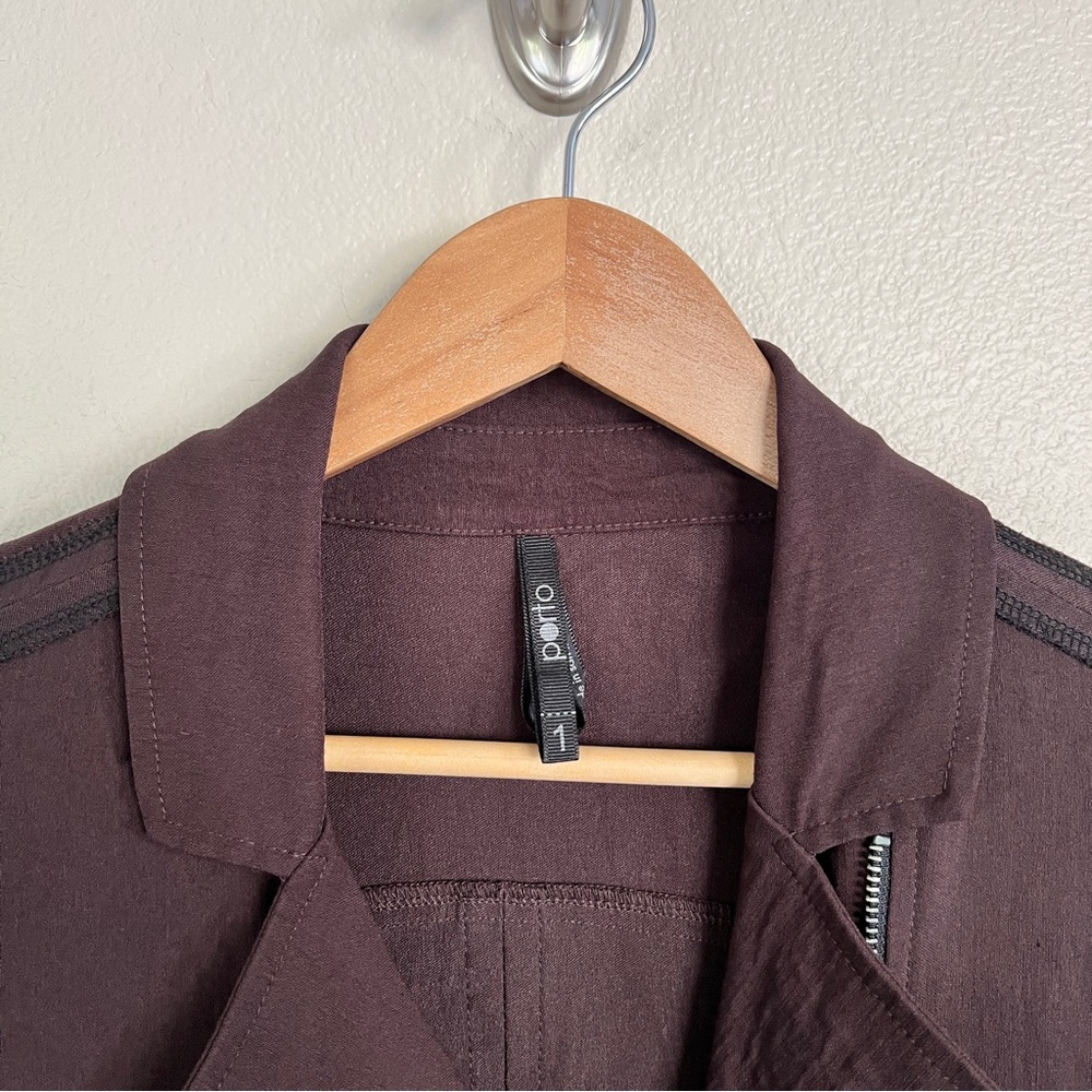 PORTO SF Asymmetrical Zip Contrast Seam Moto Jacket in Brown - Picture 3 of 7